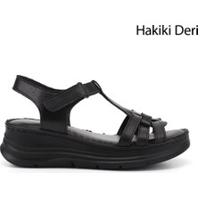 Gönderi(r) Kadın Siyah  Cırt Bantlı Dolgu Topuk Hakiki Deri Sandalet
