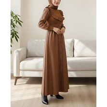 Moda Morfo Önü Fırfırlı Triko Detaylı Deri Elbise -Taba