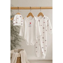 Dinamik çocuk Kız Bebek 3'lü Takım I Love Mom Dad Baskılı Çıtçıtlı Body + Tulum + Şapka %100 Pamuk Yenidoğan 0-3/3-6 Aylık