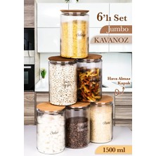 Mafa Home 6’lı Etiketli Cam Kavanoz Seti – Büyük Bambu Vakum Kapak Çizgili Erzak Un Bakliyat Saklama Kabı 1,5l