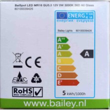 12 Volt 5 Watt LED MR16 Çanak Ampül Cam Gu5,3 Bailey 3000K Sarı Işık 420 Lümen Işık Gücü