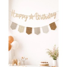 Parti Adresi Happy Birthday Kaligrafi Banner – Retro Ekose Bayraklı Doğum Günü Süsü Bej