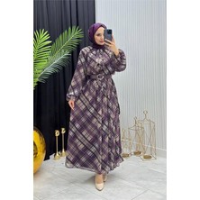 Neşeli Butik Kadın Mor Ekose Desen Yaka Bağlama Detaylı Tül Kumaş Tesettür Elbise NMS087