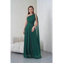 Neşeli Butik Kadın Yeşil Tek Omuz Tokalı Drape Detaylı Işıltılı Tül Kumaş Abiye Elbise NBS9388