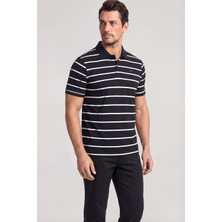 Paul & Shark Erkek Regular Fit Çizgili Metalik Logolu %100 Pamuklu Kısa Kollu Siyah-Beyaz Polo Yaka T-Shirt 25411233-337