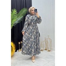 Neşeli Butik Kadın Mavi Ekose Desen Yaka Bağlama Detaylı Tül Kumaş Tesettür Elbise NMS087