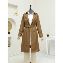 Modamorfo Düğmeli Kemerli Ara Boy Trençkot -Taba