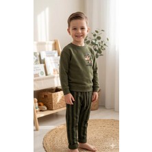 HaanBebe Erkek Çocuk Kapibara Baskılı Takım - Haki Yeşil Sweatshirt ve Çizgili Pantolon Ikili Set