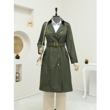 Modamorfo Düğmeli Kemerli Ara Boy Trençkot -Haki