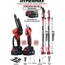 hypermax 3’lü Set Çift Akülü 10 Pilli Kömürsüz Teleskopik Kollu Bağ Budama Makası ve Budama Testeresi