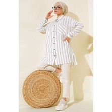 Fixay Çift Çizgili %80 Pamuklu Kadın Uzun Rahat Yazlık Tunik Beyaz Detaylı