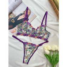 Ecs Butik Violet Çiçek Desenli Dantelli Transparan Sütyen & Tanga Takımı