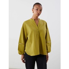 LC Waikiki Lcwaıkıkı Classic Yeşil Kaçık Yaka Oversize Kadın Bluz