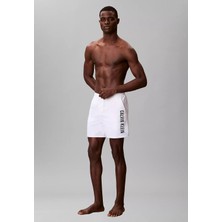 Calvin Klein Erkek Logo Baskılı Hızlı Kuruyan Kumaş Beli Lastikli Beyaz Deniz Şortu LV00N61047-100