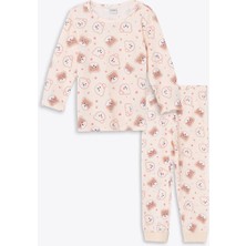 LC Waikiki Lcw Kids Ekru Bisiklet Yaka Baskılı Kız Çocuk Pijama Takımı