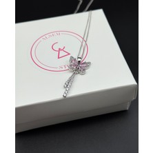 Alsem 925 Ayar Gümüş Kaplama Pembe Zirkon Taşlı Kelebek Kolye , Su Yolu Kelebek Kolye , Sevgiliye Hediye