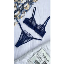 Ecs Butik Saks Mavisi Transparan Zincir Işlemeli Kapsız Balenli Bralet & Tanga Takımı