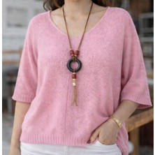 İkom V Yaka Oversize Merserize Dokulu Mevsimlik Örme Kazak