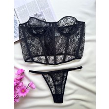 Ecs Butik Siyah Dantelli Korseli Bralet & Tanga Takımı