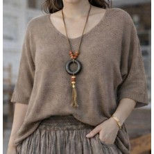 İkom V Yaka Oversize Merserize Dokulu Mevsimlik Örme Kazak