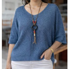 İkom V Yaka Oversize Merserize Dokulu Mevsimlik Örme Kazak