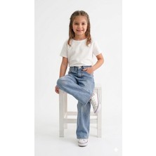 HaanBebe Kız Çocuk Taşlı Geniş Paça Jean Pantolon - Açık Mavi Ispanyol Paça Denim