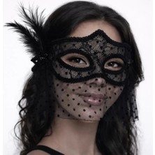 Zenvia Siyah Dantel Tüllü Peçeli Parti Maskesi - Tüylü Inci Detaylı