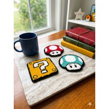 Gaonk El Yapımı Punch Nakışlı 3'lü Super Mario Temalı Bardak Altlığı Seti - Retro Gamer Hediye