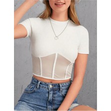 Şıklık Durağı Dik Yaka Tül Detay Kaşkorse Dokuma Pamuk Kumaş Kadın Bluz