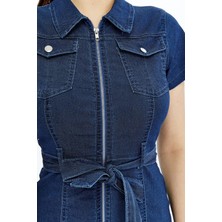 Select Moda Kadın Denim Önü Fermuarlı Kemer Detaylı Mini Elbise