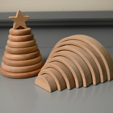 Zyt Tasarım Ham Ahşap Oyuncak Montessori 8'li Halka Kule 8'li Gökkuşağı Boyama