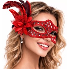 Zenvia Kırmızı Tüylü Balo Maskesi