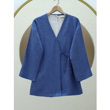 Modamorfo Yandan Bağlamalı Keten Kimono -Indigo