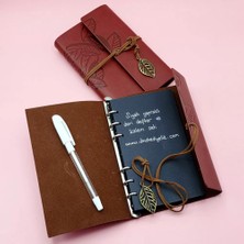 SHC4200 Kahverengi Deri Siyah Yapraklı Defter Beyaz Jel Kalem Seti