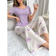 Amora Fancy Clothing Kadın Mor Çiçek Desenli Yumuşak Pamuklu Uzun Pijama Takımı 5133