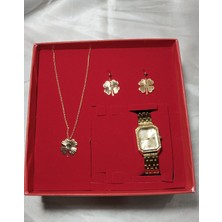 Mumicemum Hediyelik Kadın Çelik Yonca Saat ve Kolye+Küpe 4li Takı Seti