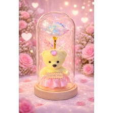 Eng Parti Dünyası Pembe Cam Fanus Ayıcık ve Gül Içinde LED Işıklı Hediyelik – Özel Tasarım Masa Üstü Dekor