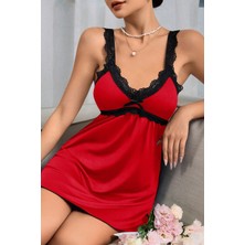 Amora Fancy Clothing Kadın Kırmızı Dantel Asılı Fiyonk Detaylı Gecelik Takımı