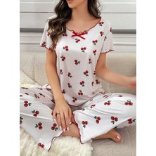 Amora Fancy Clothing Kadın Beyaz Kiraz Desenli Kısa Kollu Yumuşak Pijama Takımı 5128