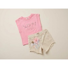 Mutlu Bebe Kız Çocuk Yazlık Takım Happy Days Nakışlı - Çiçek Aplikeli Kot Şortlu 2’li Kombin,günlük & Bayramlık