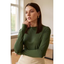 Amora Fancy Clothing Kadın Haki Yeşili Parmak Detaylı Esnek Uzun Kollu Body