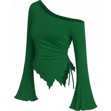 Amora Fancy Clothing Kadın Yeşil Uzun Ispanyol Kollu Asimetirik Yaka Yandan Bağlamalı Drapeli Bluz
