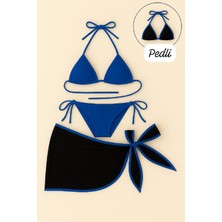 Amora Fancy Clothing Kadın Mavi Pareolu Yandan ve Boyundan Bağlamalı 3'lü Bikini Takımı