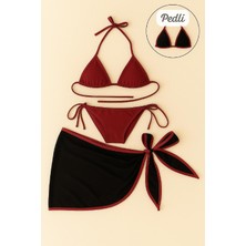 Amora Fancy Clothing Kadın Bordo Siyah Pareolu Yandan ve Boyundan Bağlamalı 3'lü Bikini Takımı