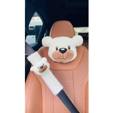 Masalia Sevimli Peluş Ayıcık Tasarımlı Araç Boyun Yastığı ve Emniyet Kemeri Seti (1 Yastık ve 1 Kemer)