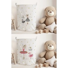 Talia Home Balerin Kız Desenli Pembe-Beyaz 2 Adet Çocuk Odası Oyuncak Veya Kirli Sepeti TLACS-006