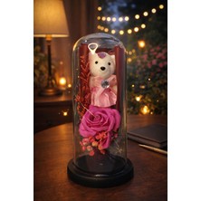 Eng Parti Dünyası Koyu Pembe Cam Fanus Ayıcık ve Gül Içinde LED Işıklı Hediyelik – Özel Tasarım Masa Üstü Dekor