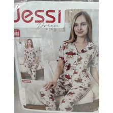 Jessi Dream Kadın Kısa Kollu Düğmeli Pijama Takımı Ayıcık Desenli