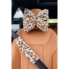 Masalia Leopar Desenli Fiyon Tasarımlı Premium Araç Boyun Yastığı ve Emniyet Kemeri Seti