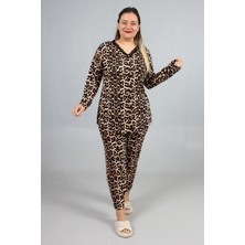 Truva Xxl Büyük Beden Leopar Desenli Dantel Yaka Düğmeli Kadın Pijama Takımı